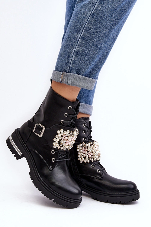 Ocieplane Damskie Workery Botki Zdobione Czarne Venizi