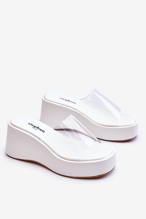 Damskie Transparentne Klapki Na Koturnie Białe Eliane