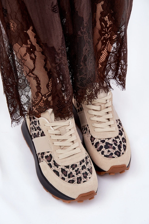 Zamszowe Sneakersy Damskie Na Platformie Panterka Vinceza 66793 Beżowe