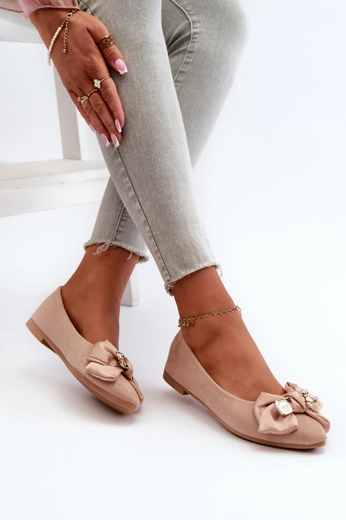 Damskie Eko Zamszowe Baleriny Z Kokardą I Broszką Beżowe Satris