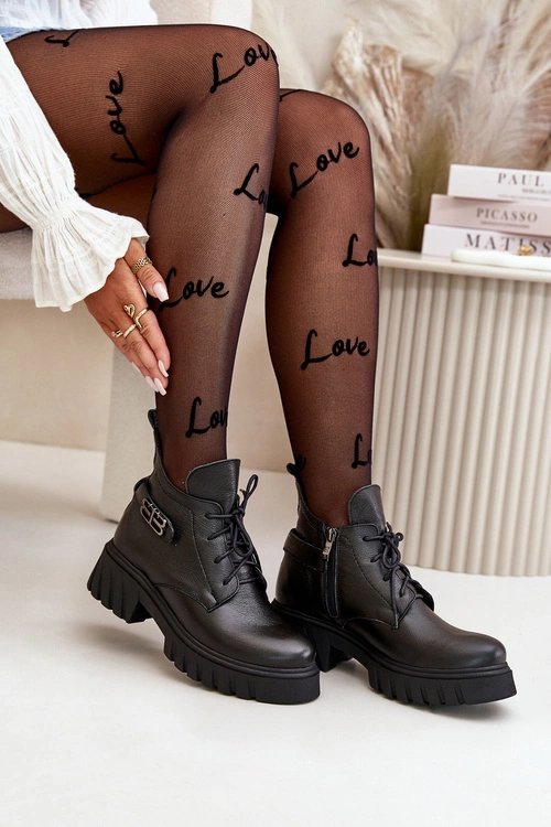 Zazoo 60483 Damskie Skórzane Botki Z Niską Cholewką Ocieplane Czarne