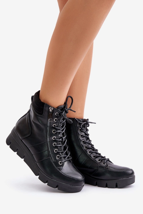Lekkie Ocieplane Botki Damskie Na Platformie I Koturnie Czarne Savindria
