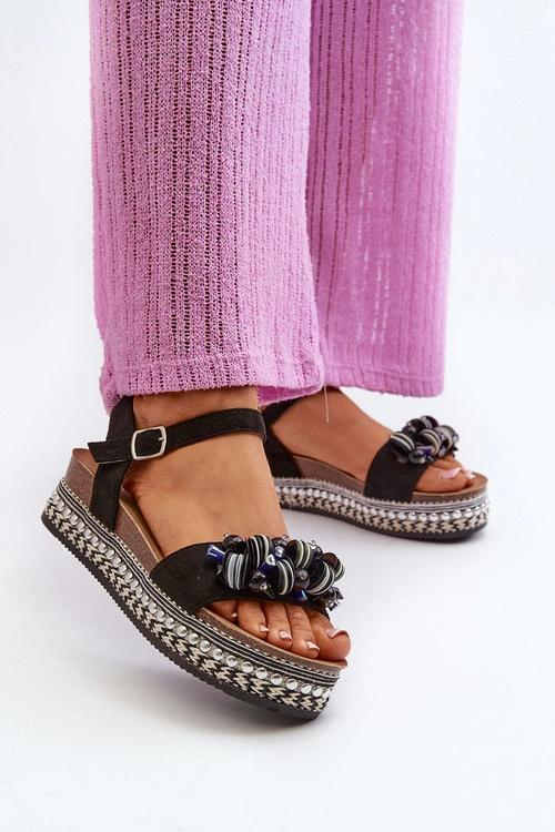 Sandały Damskie Na Koturnie I Platformie Z Ozdobami S.Barski HY056 Czarne