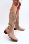 Ażurowe Kozaki Na Niskim Obcasie Beżowe Walea