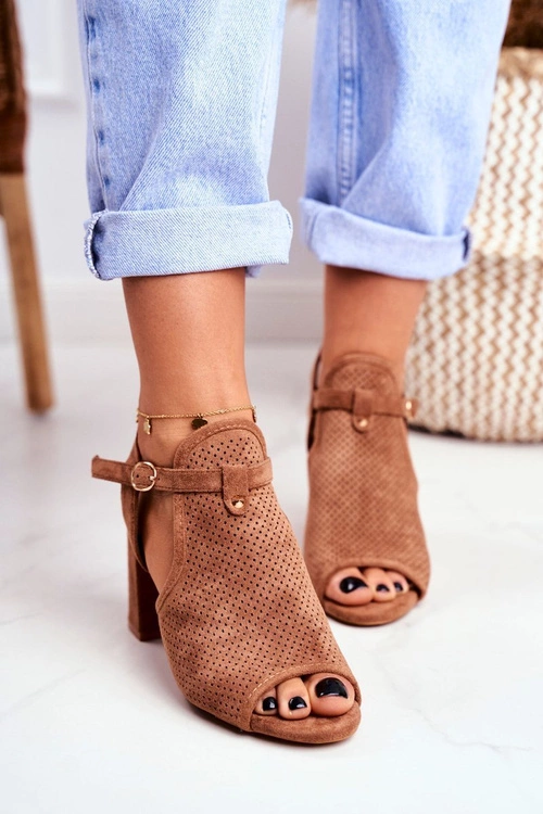 Sandały Damskie Na Słupku Ażurowe Brązowe Kira