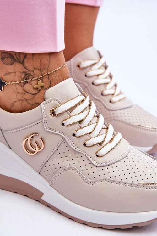 Damskie Skórzane Buty Sportowe Na Koturnie Beżowe Rebeca