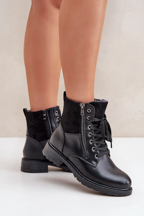 Ocieplane Botki Na Płaskim Obcasie Eko Skórzane Czarne Naoise