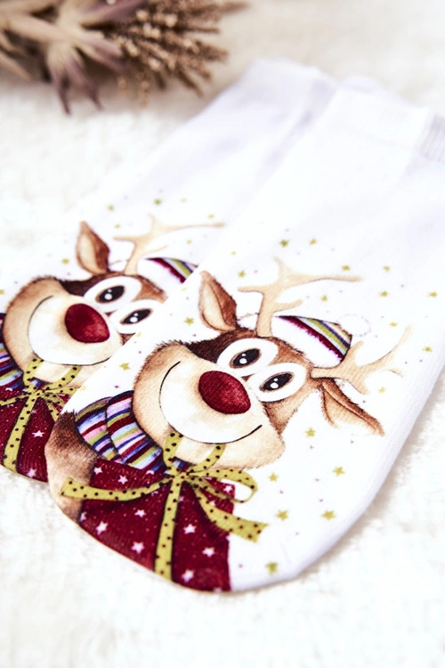 Skarpetki Stopki Renifer W Czapce Białe