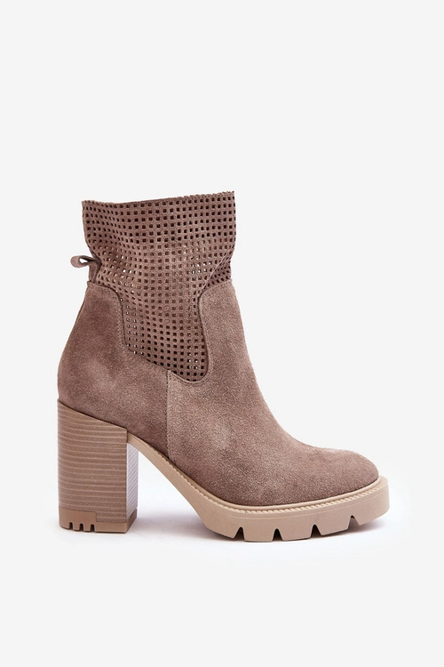 Zamszowe Ażurowe Botki Damskie Na Słupku Beżowe Lewski 3386