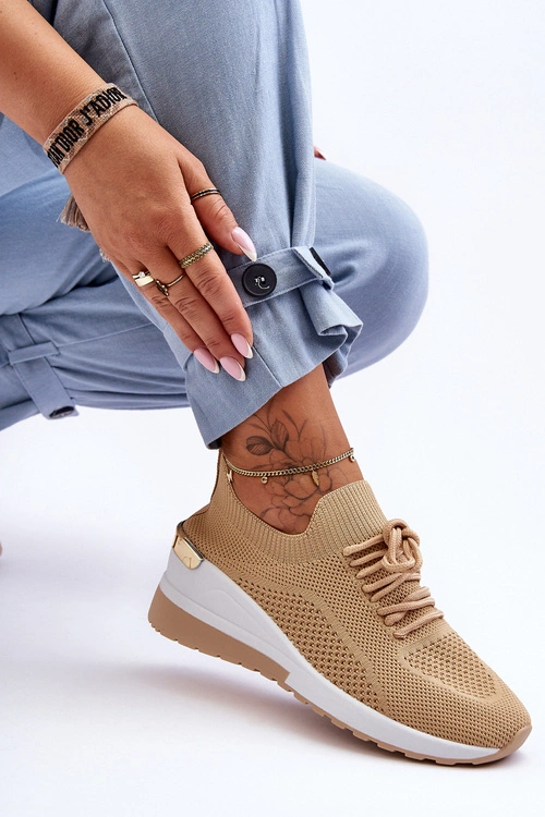 Materiałowe Wsuwane Buty Sportowe Na Koturnie Beżowe Visconti