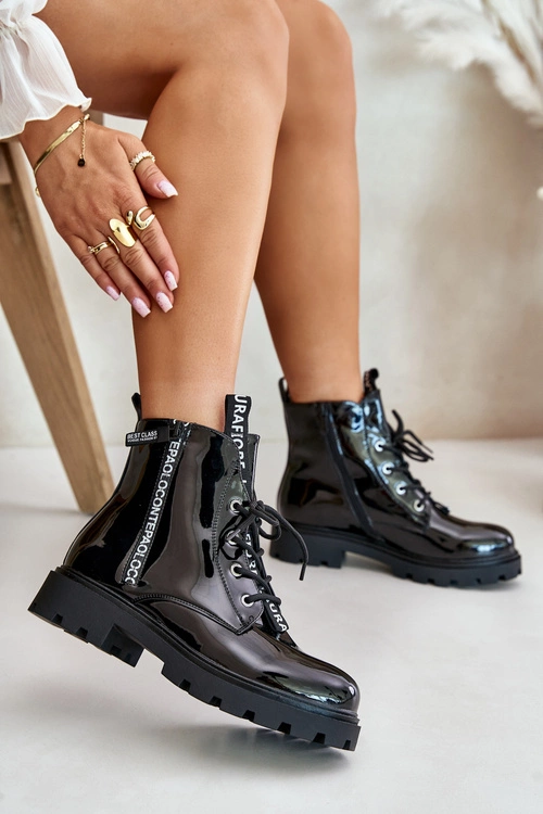 Lakierowane Botki Workery Damskie Ocieplane Z Napisami Czarne Zinfreya