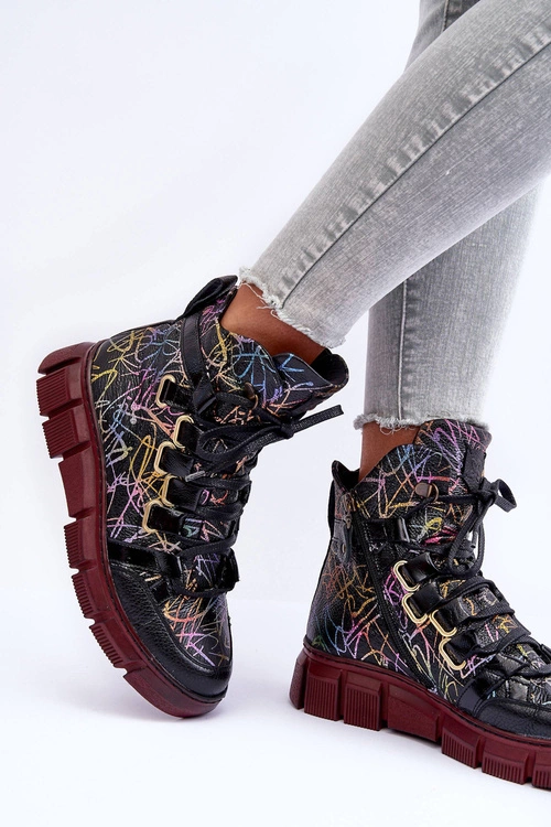 Skórzane Płaskie Sznurowane Botki Maciejka 06158-01 Czarne