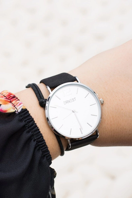 Elegancki Skórzany Czarny Damski Zegarek Ernest