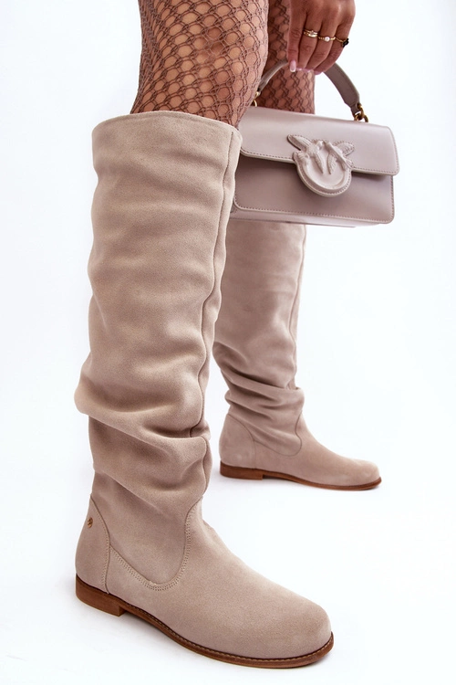 Damskie Zamszowe Kozaki Do Kolan Maciejka 05790-22 Jasnobeżowe