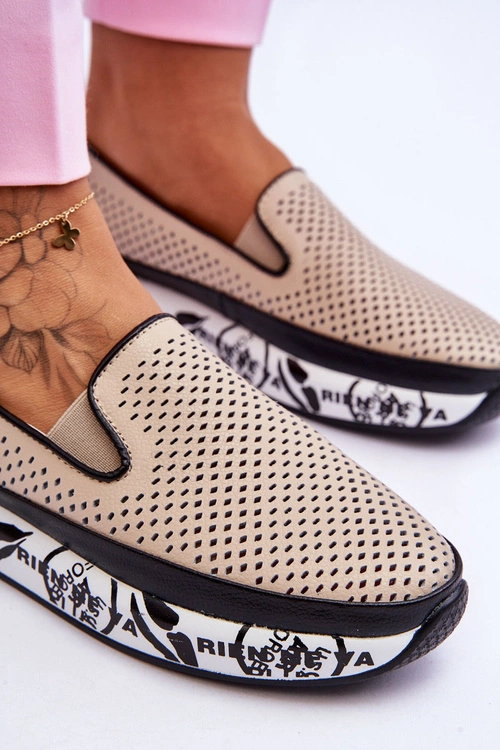 Damskie Ażurowe Skórzane Tenisówki Slip-On Beżowe Sorito