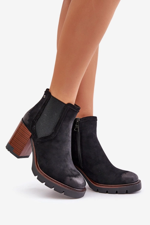 Ocieplane Botki Damskie Na Słupku Z Eko Zamszu Vinceza 58356 Czarne