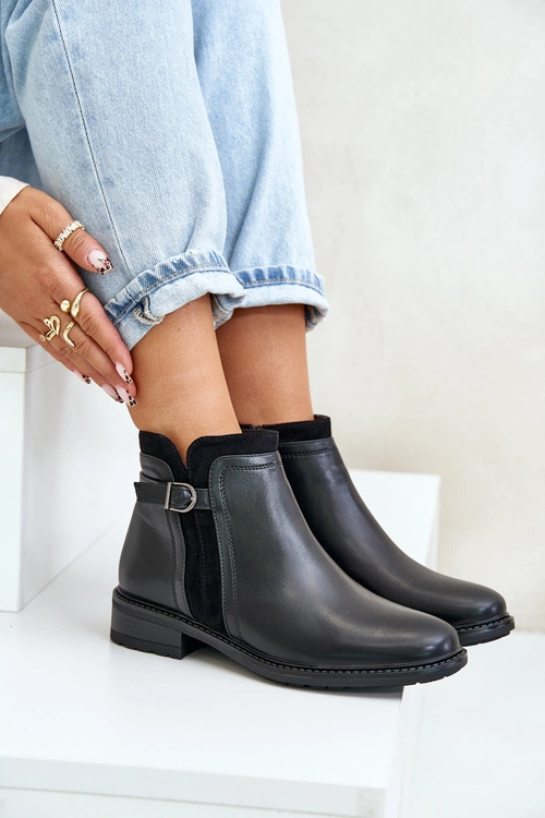 Ocieplane Botki Damskie Z Niską Cholewką Na Zamek Eko Skórzane Czarne Taitha