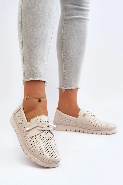 Skórzane Półbuty Damskie Ażurowe Beżowe Darnissa