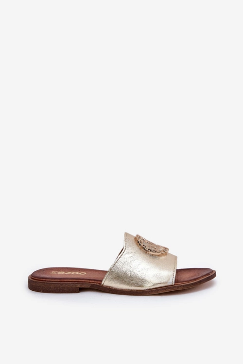 Zazoo 2938 Skórzane Klapki Na Płaskim Obcasie Z Ozdobą Złote
