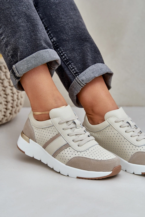 Skórzane Lekkie Sneakersy Buty Sportowe Damskie Beżowe Norlexia