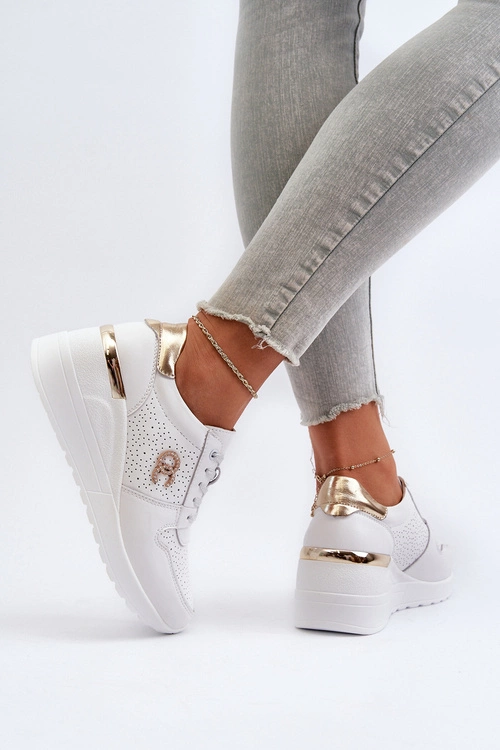 Damskie Skórzane Sneakersy Na Koturnie Białe D&A LR810