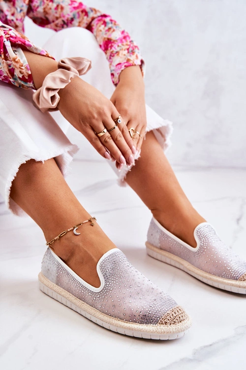 Damskie Materiałowe Espadryle Z Cyrkoniami Szare Deimos