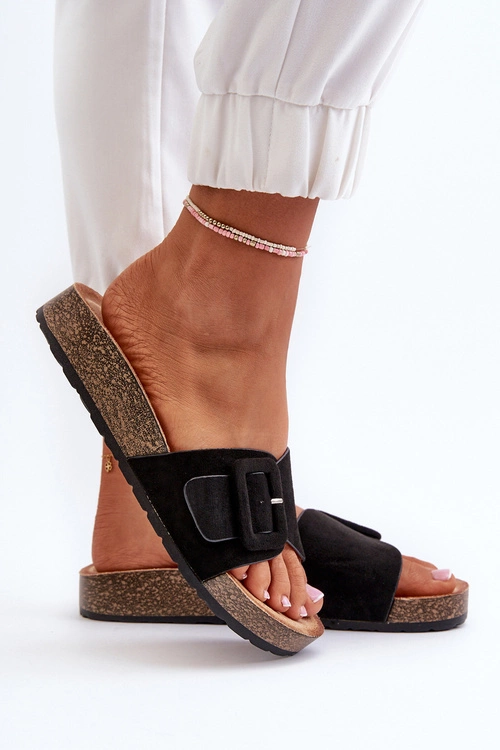 Klapki Damskie Z Klamrą Eko Zamszowe Czarne Laeltia