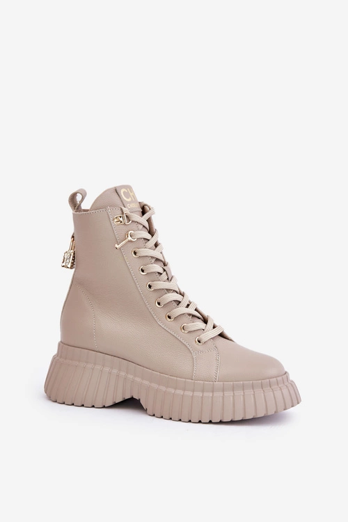 Skórzane Botki Na Platformie Na Zamek Z Ozdobną Kłódką CheBello 4517 Beżowe