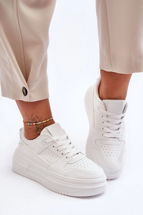 Damskie Skórzane Buty Sportowe Na Masywnej Platformie Białe Belisso